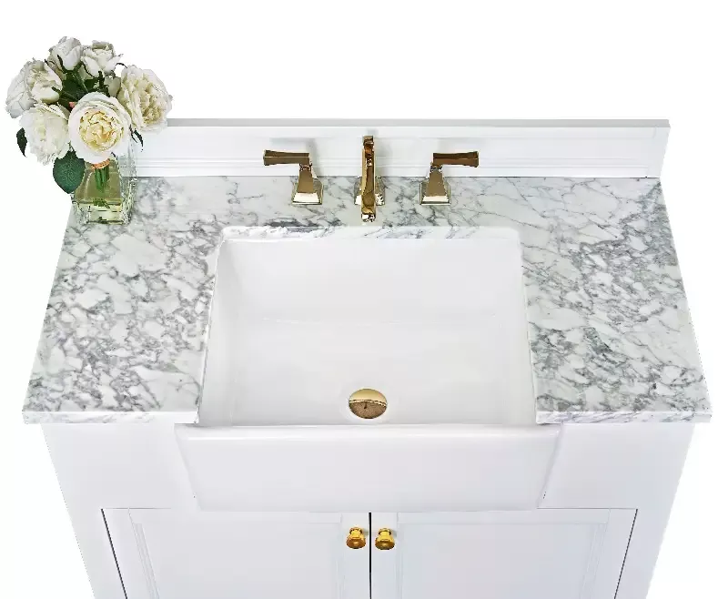 Ancerre Designs Adeline 36 in. Bath Vanity Set with Italian Carrara White Marble Vanity Top and White Undermount Basin with Gold Hardware