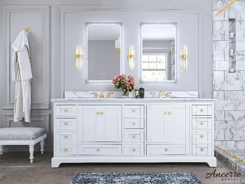 Ancerre Designs Audrey 84 in. Bath Vanity Set in White with Quartz Calacatta Laza Vanity top and White Undermount Basin with Gold Hardware