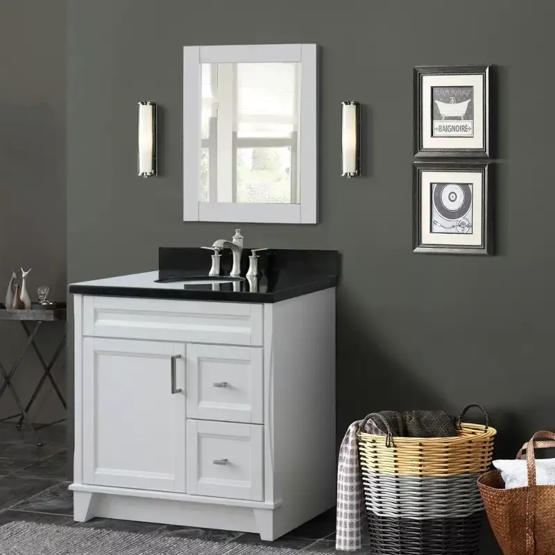 Bellaterra Home 400700-37L 37″ Single sink vanity in White finish with Black galaxy granite and Left door/Round Left sink