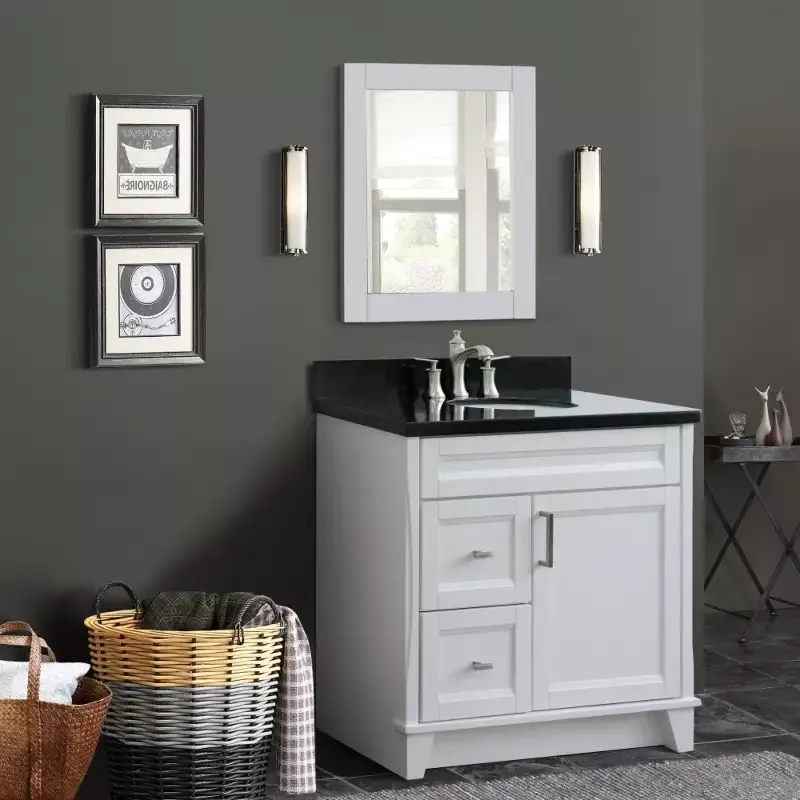 Bellaterra Home 400700-37R 37″ Single sink vanity in White finish with Black galaxy granite and LEFT oval sink- RIGHT drawers