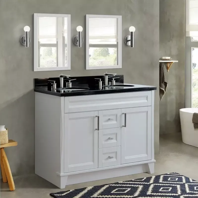 Bellaterra Home 400700-49D 48″ Double sink vanity in White finish with Black galaxy granite and round sink