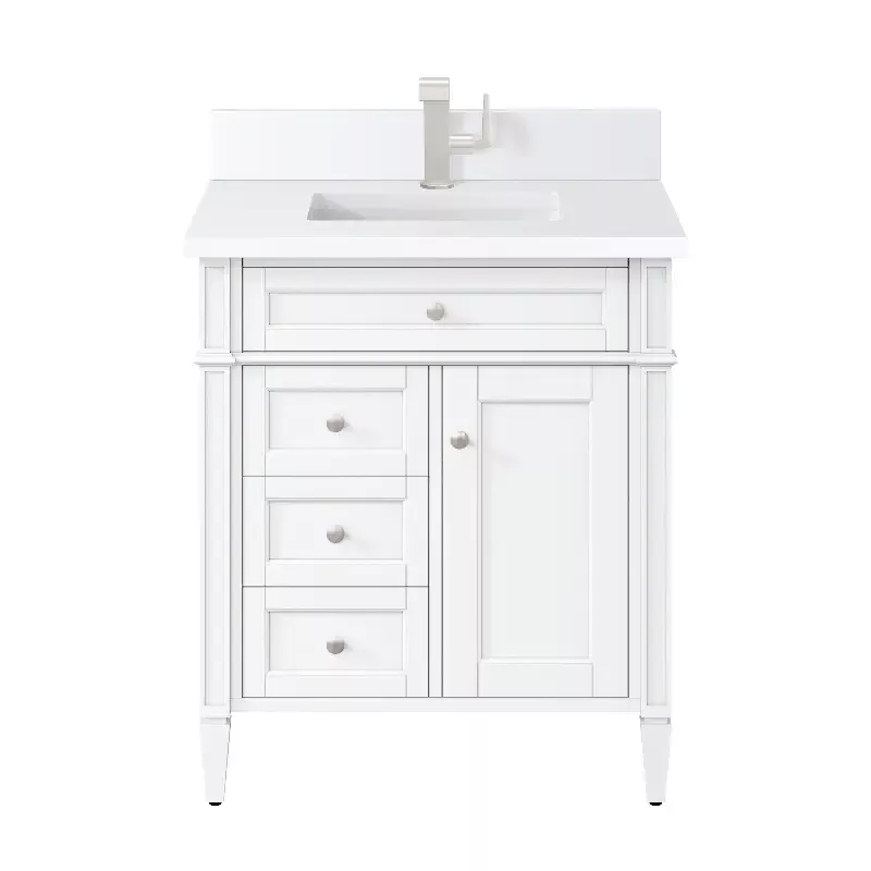 James Martin Brittany 30″ Single Vanity, Bright White, w/ Single Hole 3 CM White Zeus Quartz Top & Backsplash