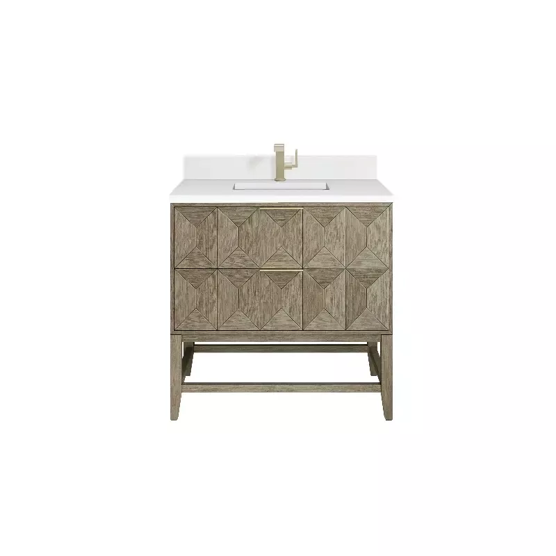 James Martin Emmeline 36″ Single Vanity, Pebble Oak w/ Single Hole 3 CM White Zeus Top & Backsplash