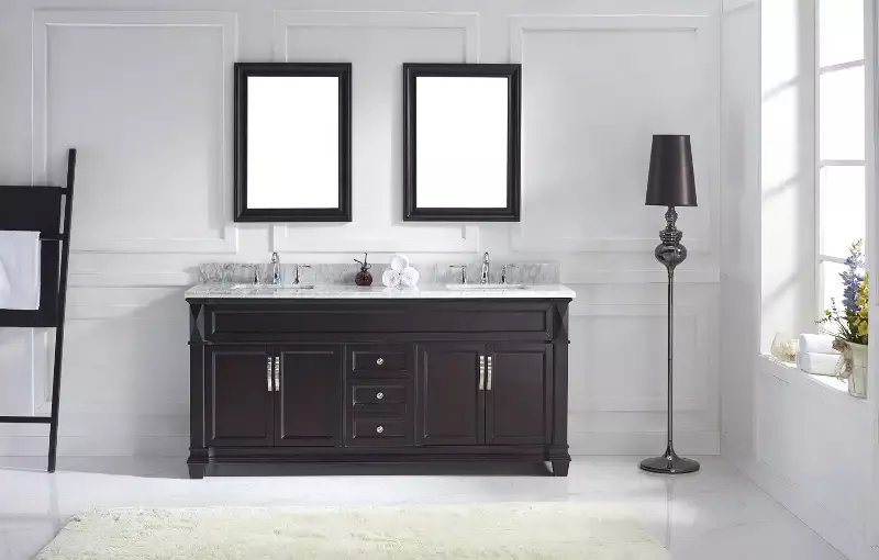 Virtu USA Victoria 72″ Double Bath Vanity with White Marble Top and Square Sinks with Brushed Nickel Faucets with Matching Mirror