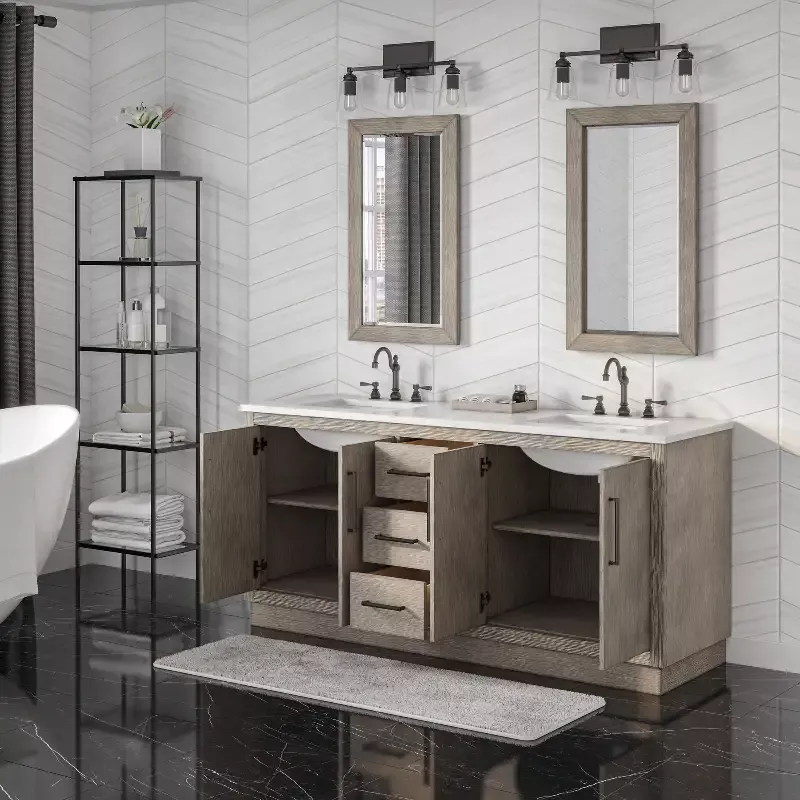 Water Creation Hugo 72″ In. Double Sink Carrara White Marble Countertop Vanity in Grey Oak with Hook Faucets
