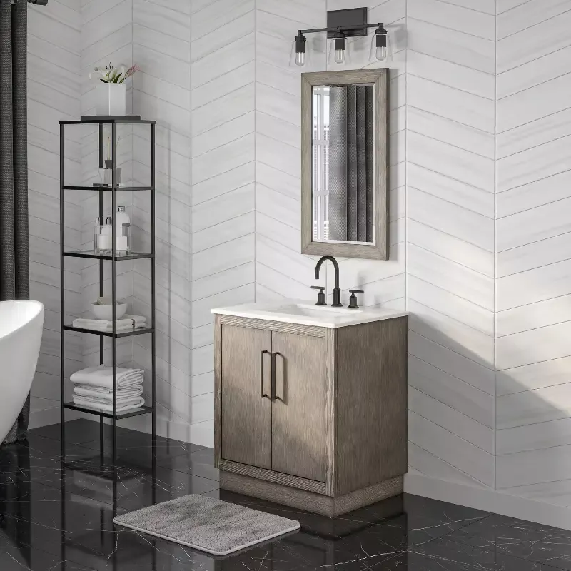 Water Creation Hugo Single Sink Carrara White Marble Countertop Vanity in Grey Oak