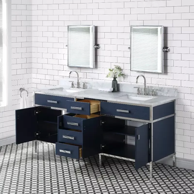Water Creation Marquis 72″ Inch Double Sink Carrara White Marble Countertop Vanity in Monarch Blue