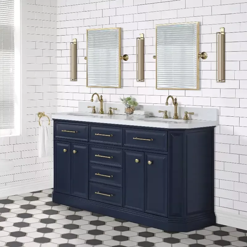 Water Creation Palace 60″ Inch Double Sink White Quartz Countertop Vanity in Monarch Blue with Waterfall Faucets