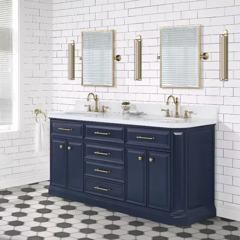 Water Creation Palace 72″ Inch Double Sink White Quartz Countertop Vanity in Monarch Blue and Mirrors